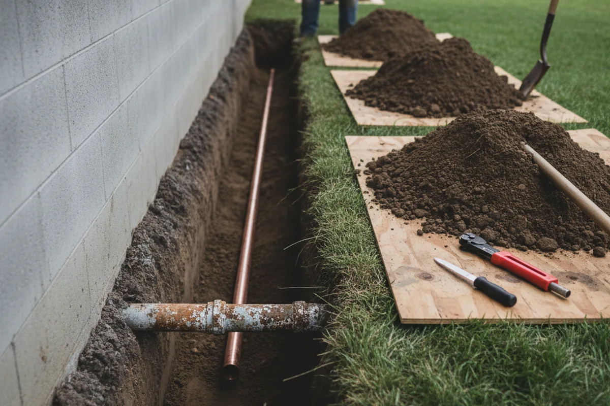 Excavated water line trench during Sewer Line Repair in Zenia